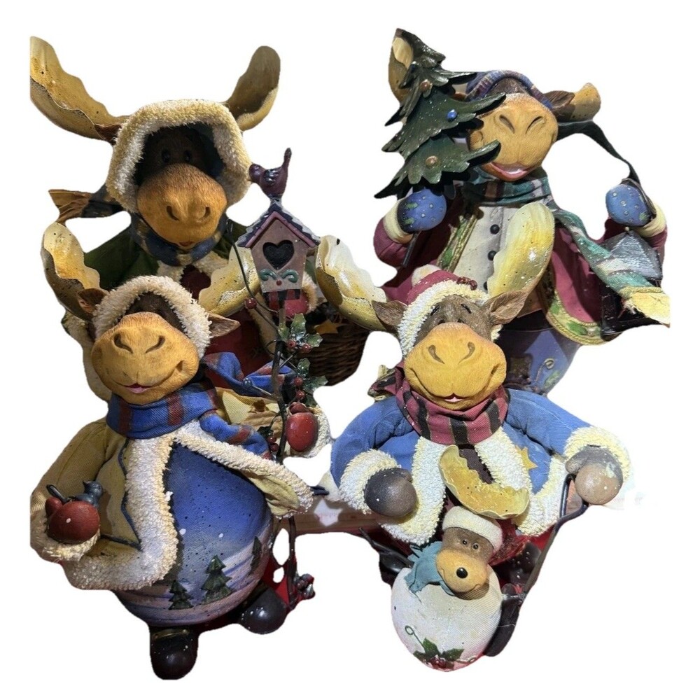 Lot 4 Moose Christmas Figurines Rustic Lodge Decor Mixed Media Large 10-12”